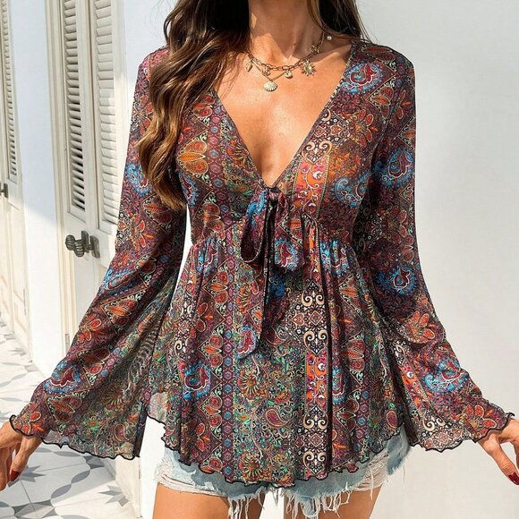 Multicolor Boho Women's V-Neck Fitted Ruffled Hem Printed  Mesh Long Sleeve top - Picture 3 of 8